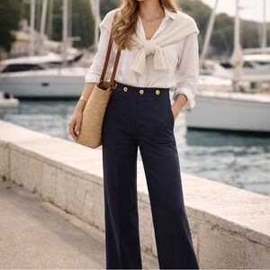 Ralph Lauren LRL Black Wide Leg Pants Gold Button Sailor Preppy Womens 14 Petite
